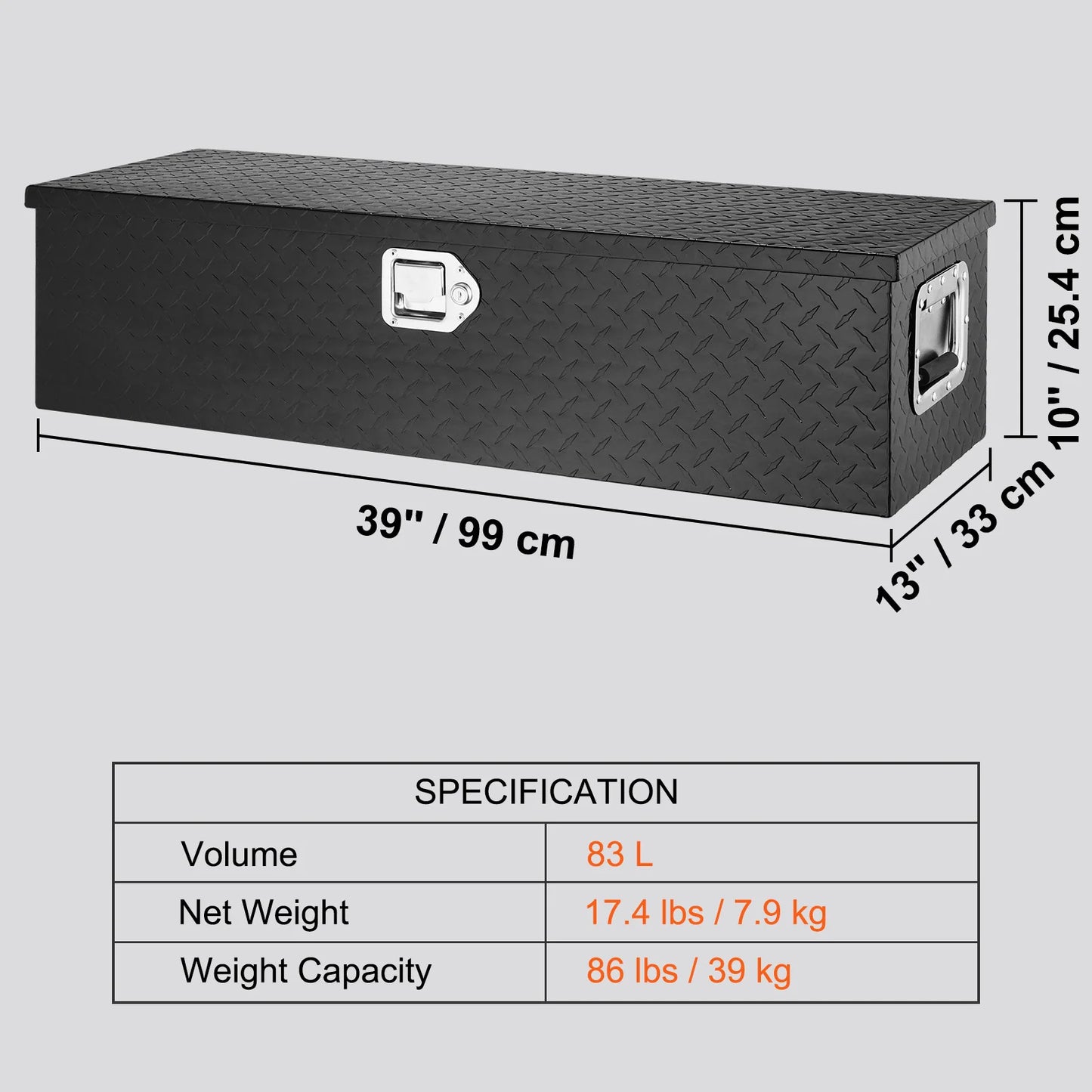 VEVOR Heavy Duty Aluminum Truck Bed Tool Box, Diamond Plate Tool Box with Side Handle and Lock Keys for Pickup, Truck Bed, RV