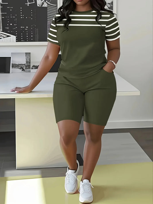 Plus Size Two-Piece Set - Colorful Striped Round Neck Short Sleeve Top and Women's Shorts Set, Summer Casual Clothing