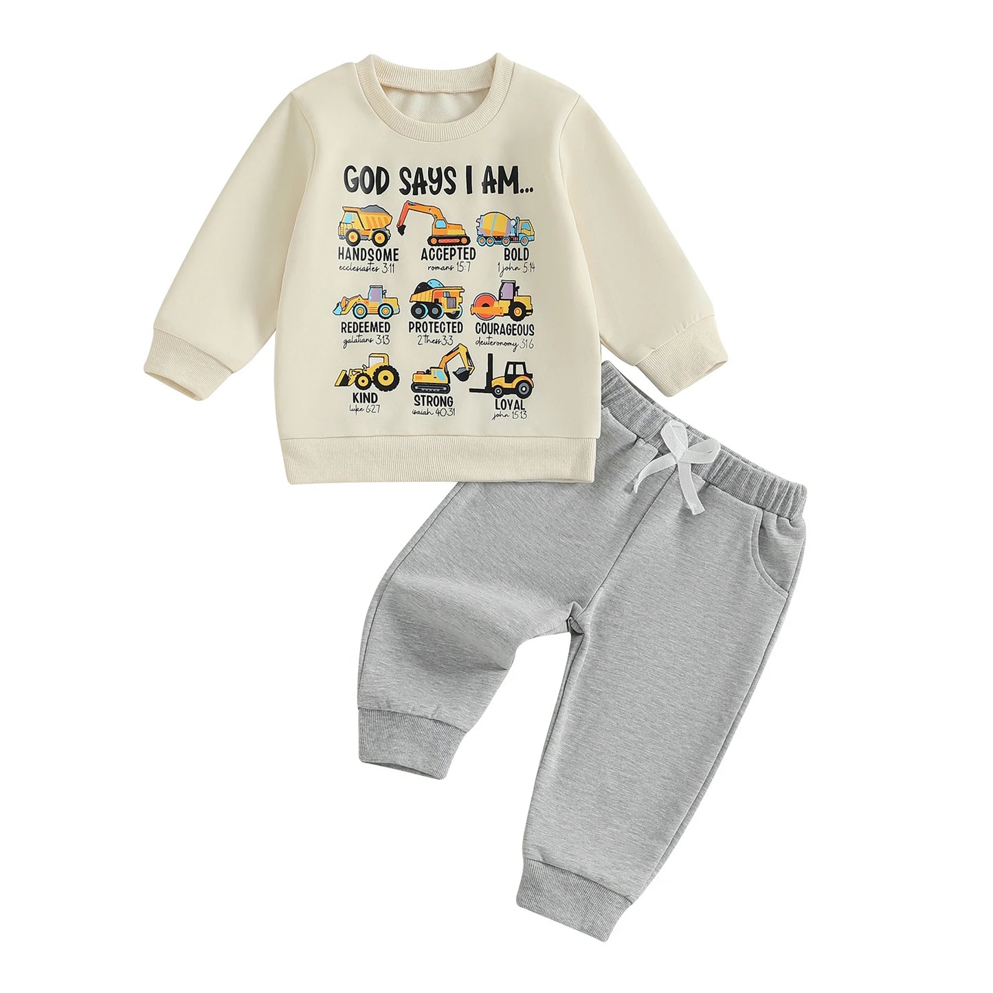 Infant Boy Autumn Clothing Set with Cute Car Patterned Crew Neck Sweatshirt and Matching Pants 2 Piece Outfit