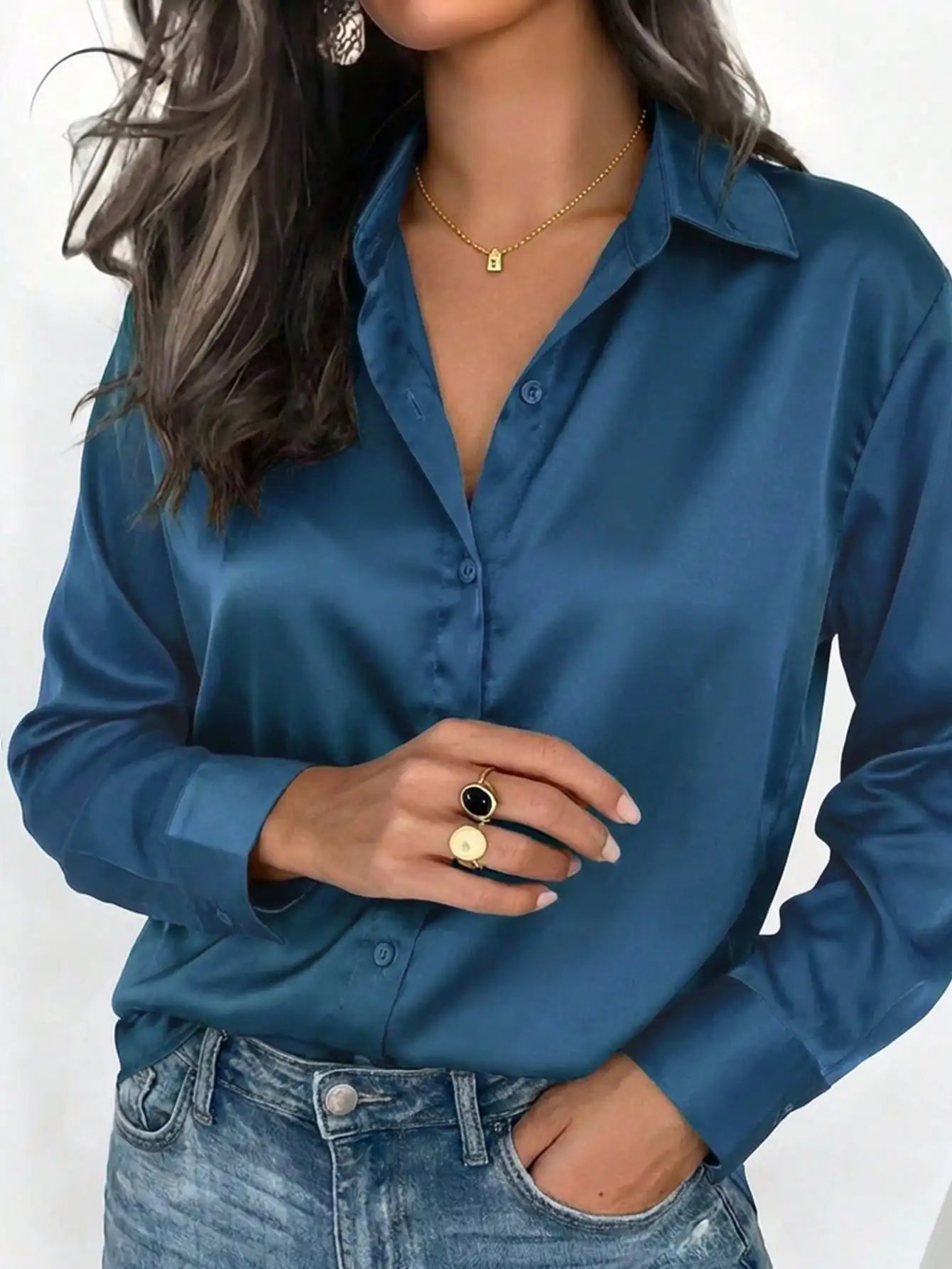 Women's Satin Button-Up Blouse, Elegant Collared Shirt for Office or Casual Wear, Autumn Winter Spring