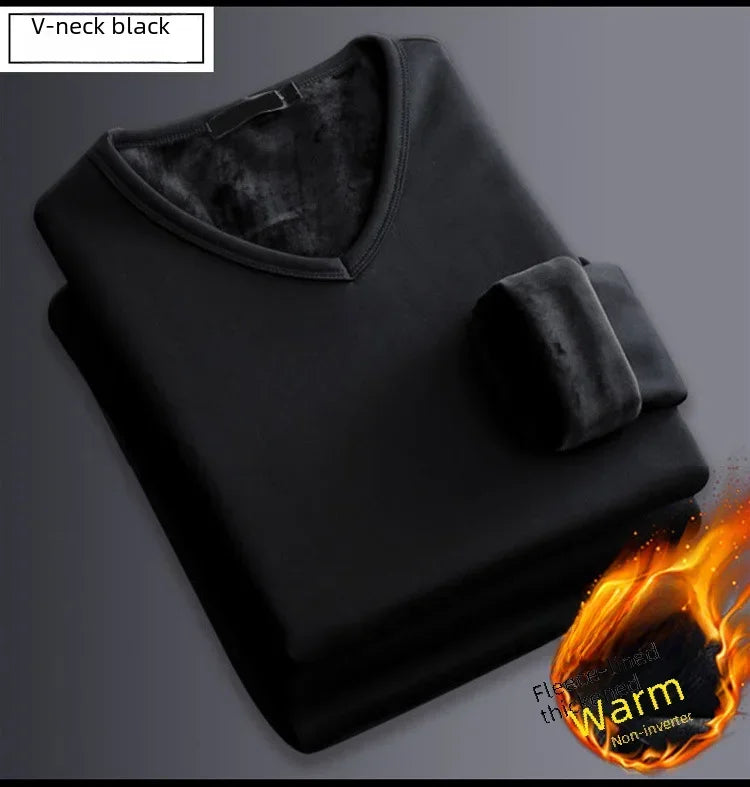 Men's Winter Thermal Underwear Tops Fleece-lined Thickened Warm Sweatshirt Solid Color O-neck V-neck Base Shirt Large Size 5XL