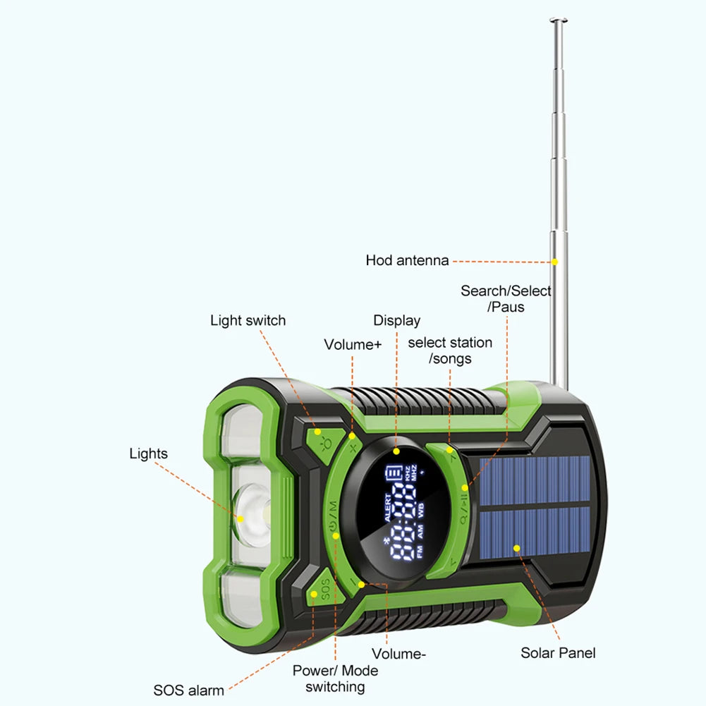 Solar AM/FM/NOAA Weather Radio Waterproof Hand Crank 5000mAh Bluetooth-Compatible5.3 Phone Charger SOS Alarm for Outdoor Camping