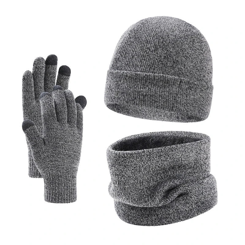 Autumn Winter Outdoor Warm Brushed Men's Beanie Hat Scarf Gloves 3 Pieces Set Windproof Knit Ring Muffler Hats and Caps for Men