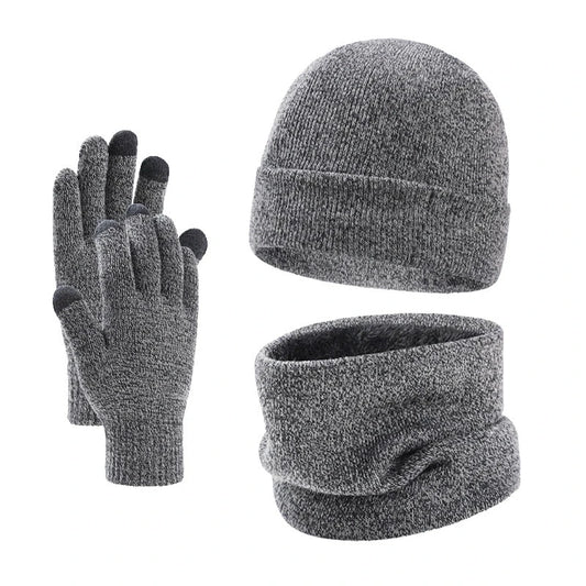 Autumn Winter Outdoor Warm Brushed Men's Beanie Hat Scarf Gloves 3 Pieces Set Windproof Knit Ring Muffler Hats and Caps for Men