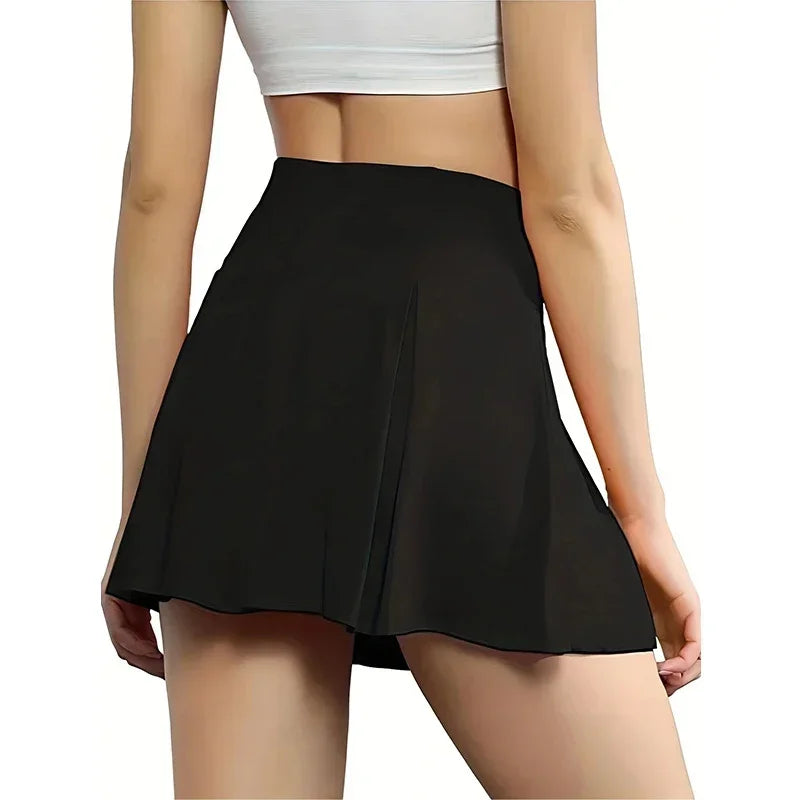 Basic Women's Solid Color Fitness High Waist Slim Yoga Fake Two-piece Leggings Running Shorts Tennis Outdoor Sports Skirt