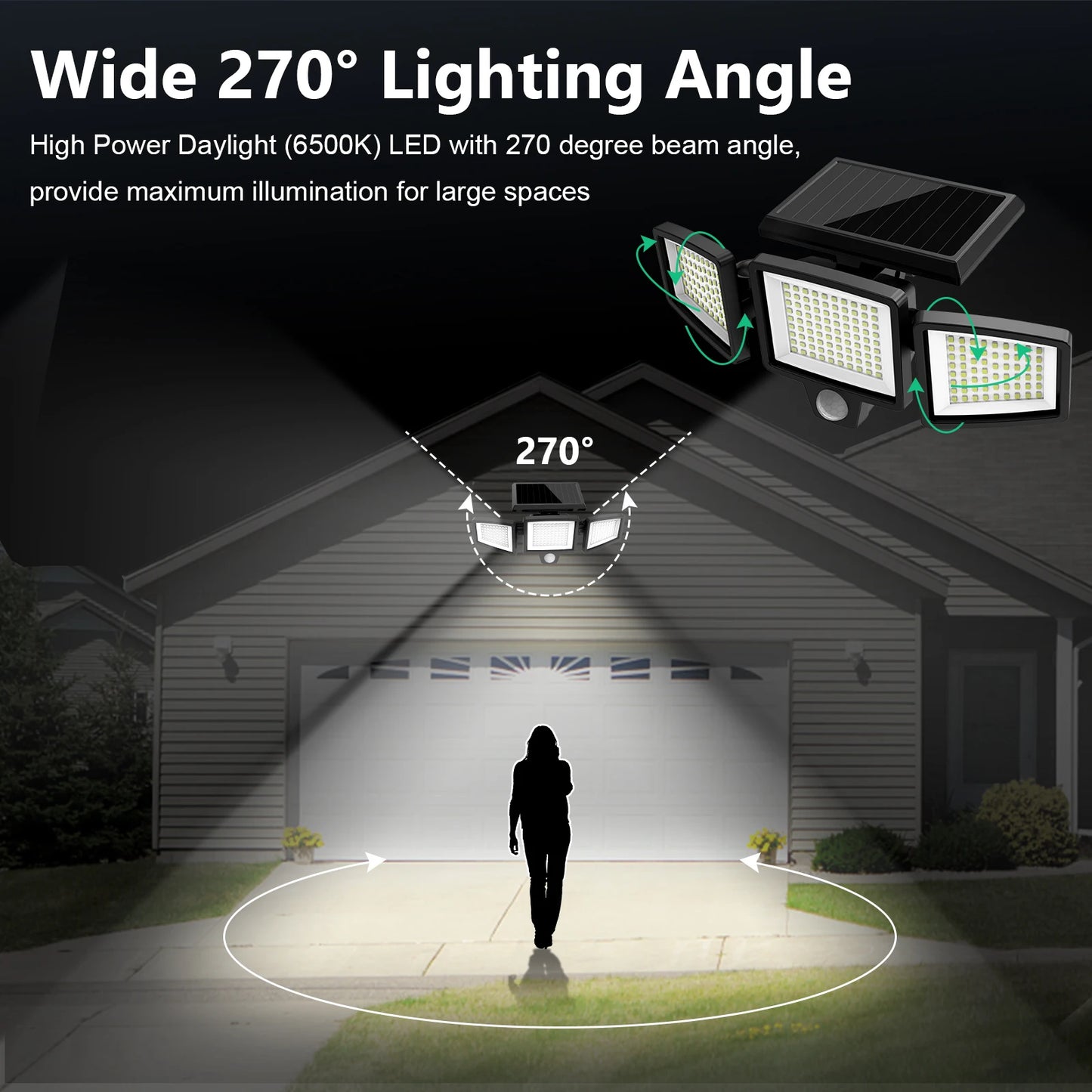 Three-Head Outdoor Waterproof Solar Light with 200+ LEDs and Motion Sensor Security Light for Porches, Garages, Yard Entrances,