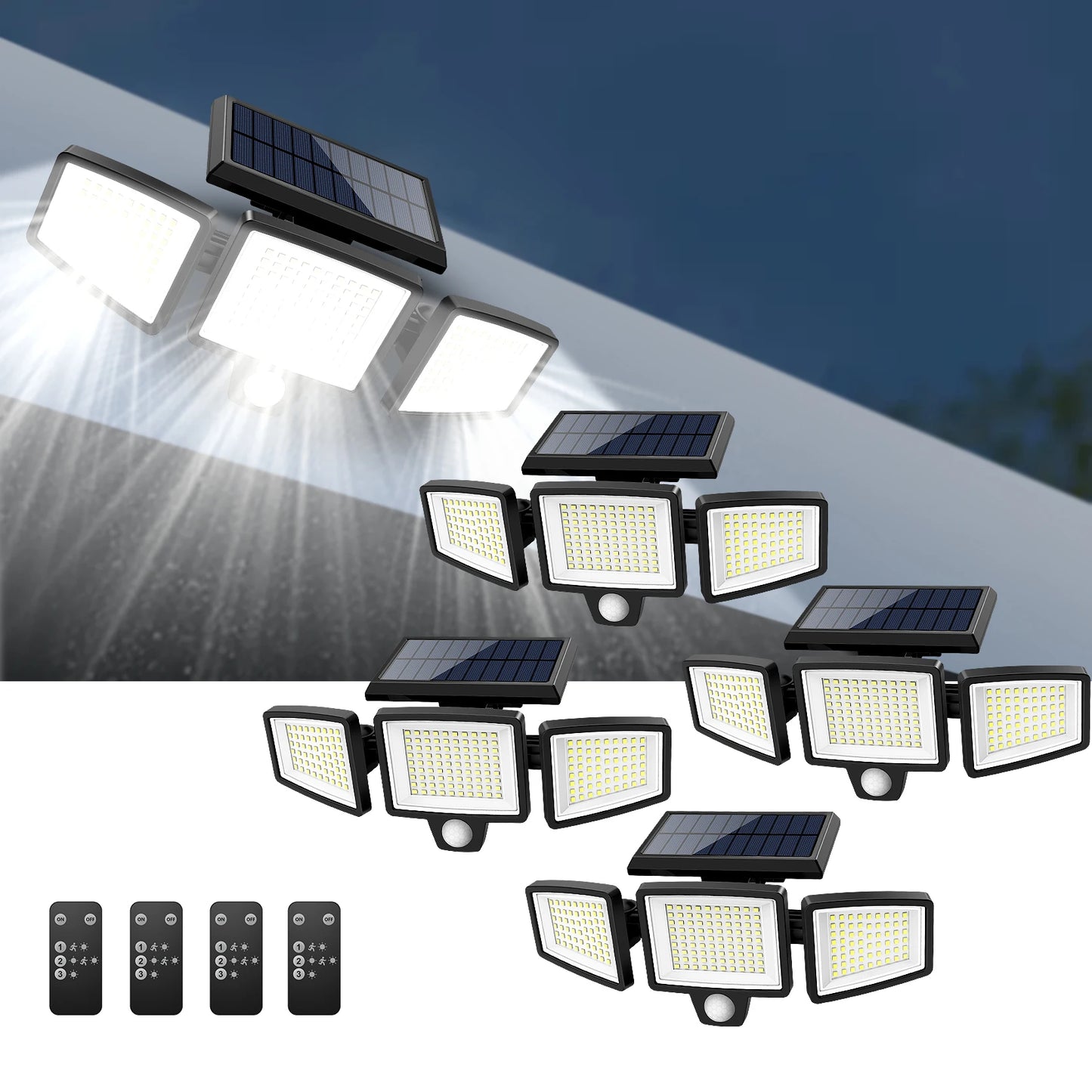 Three-Head Outdoor Waterproof Solar Light with 200+ LEDs and Motion Sensor Security Light for Porches, Garages, Yard Entrances,