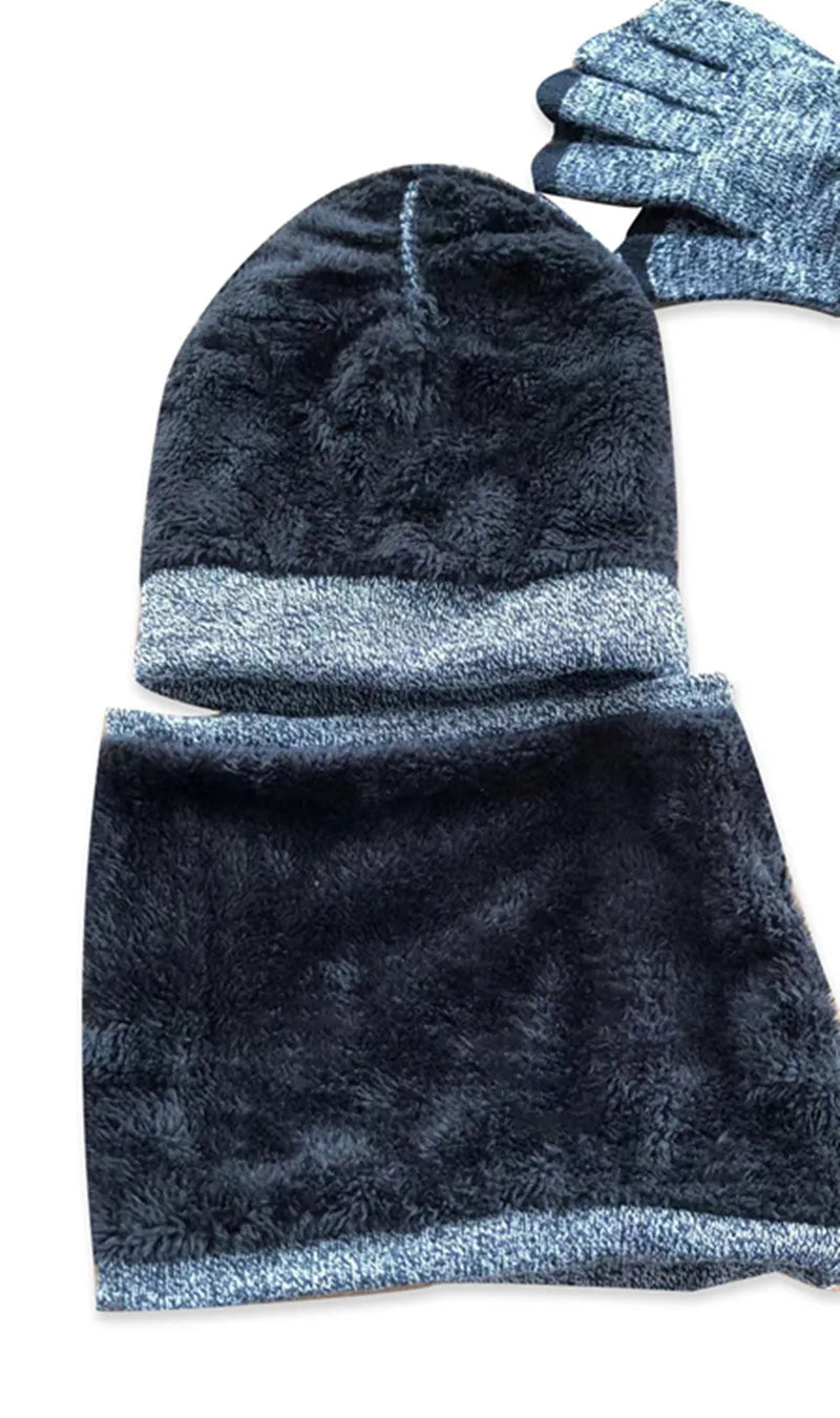 Autumn Winter Outdoor Warm Brushed Men's Beanie Hat Scarf Gloves 3 Pieces Set Windproof Knit Ring Muffler Hats and Caps for Men