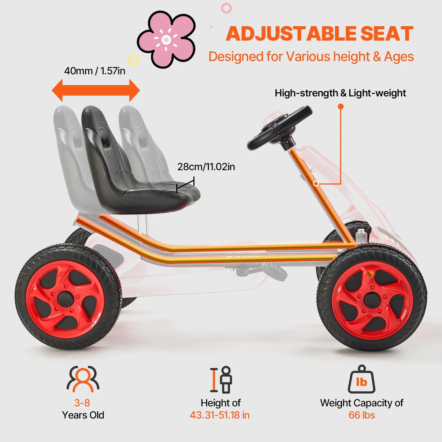 SucceBuy 66lbs Kids Pedal Go Kart 4 Wheel Off-Road Pedal Ride On Toys with Adjustable Seat Outdoor Racer Pedal Car for Boys