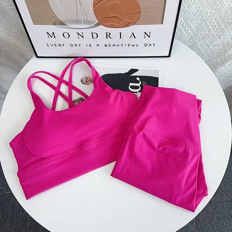 New 2 Piece Yoga Set Breathable Fitness Suit Cross Back Yoga Tops Peach Butt Yoga Pants Pilates Running Fitness Suit