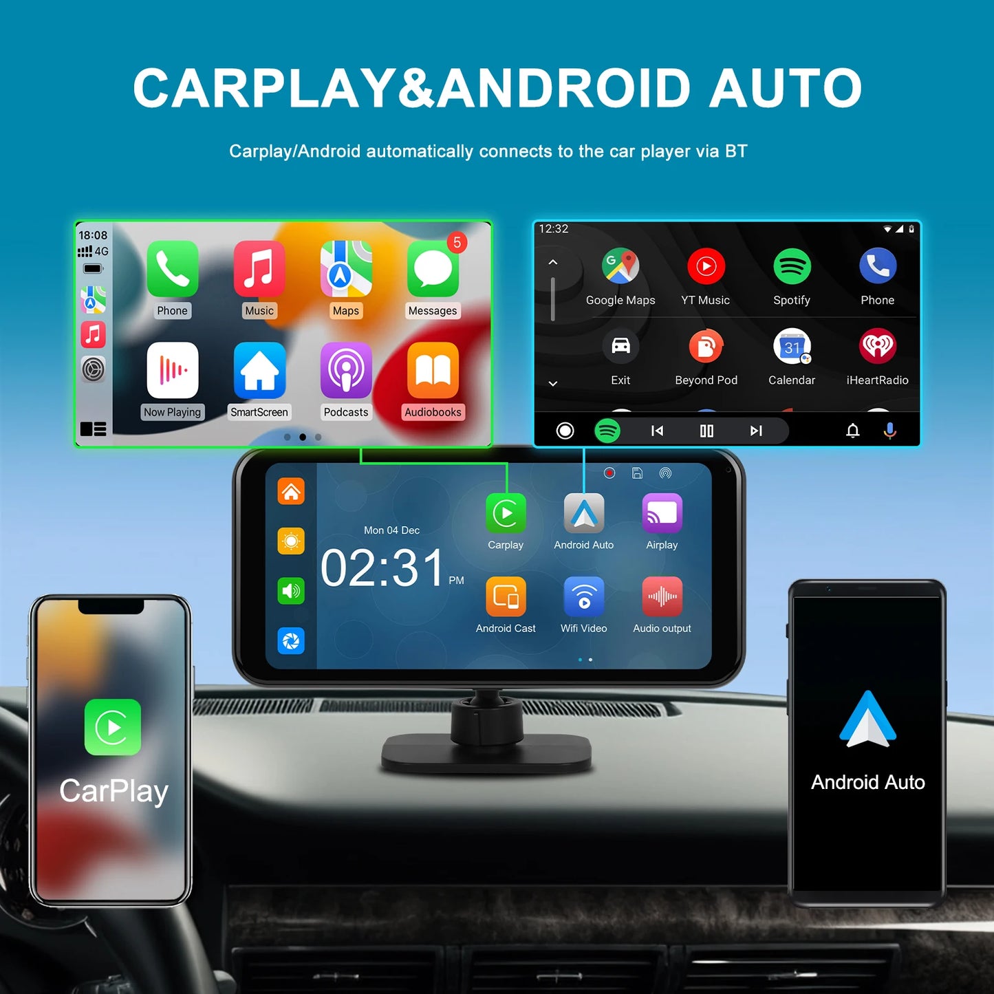 Podofo 6.25 inch Wireless CarPlay Android Auto Support Rear Camera  GPS Navigation Dashboard DVR 4K Bluetooth FM AUX