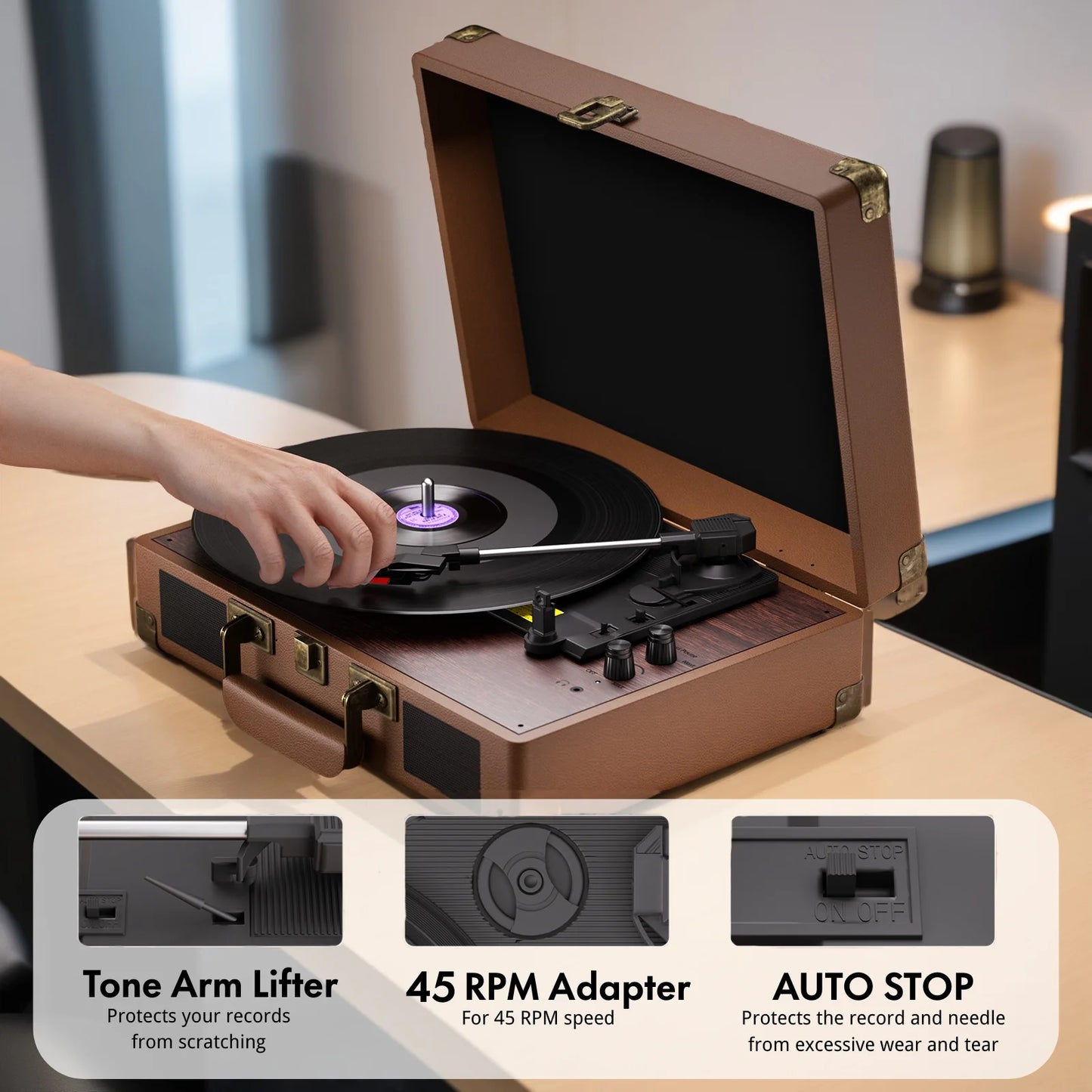MAIO  Record Player, 3-Speed 33/45/78RPM Vinyl Spinner with 2 Built-in Stereo Speakers, Headphone Jack