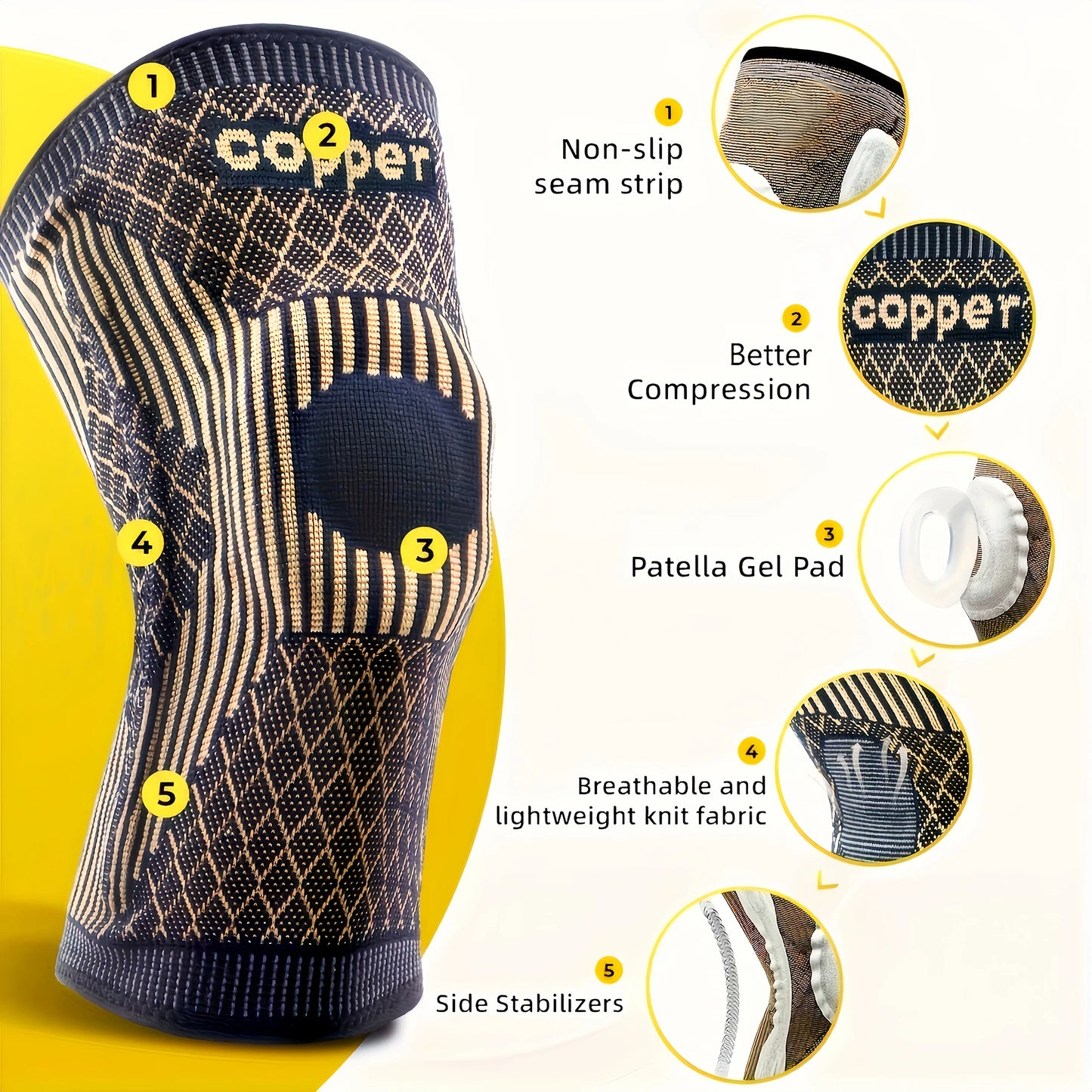 1 Pack Copper Ion Sports Knee Pads Spring Support Silicone Anti-Collision Knee Pads Breathable Non-Slip Outdoor Basketball Fitness Running Basketball Knee Pads