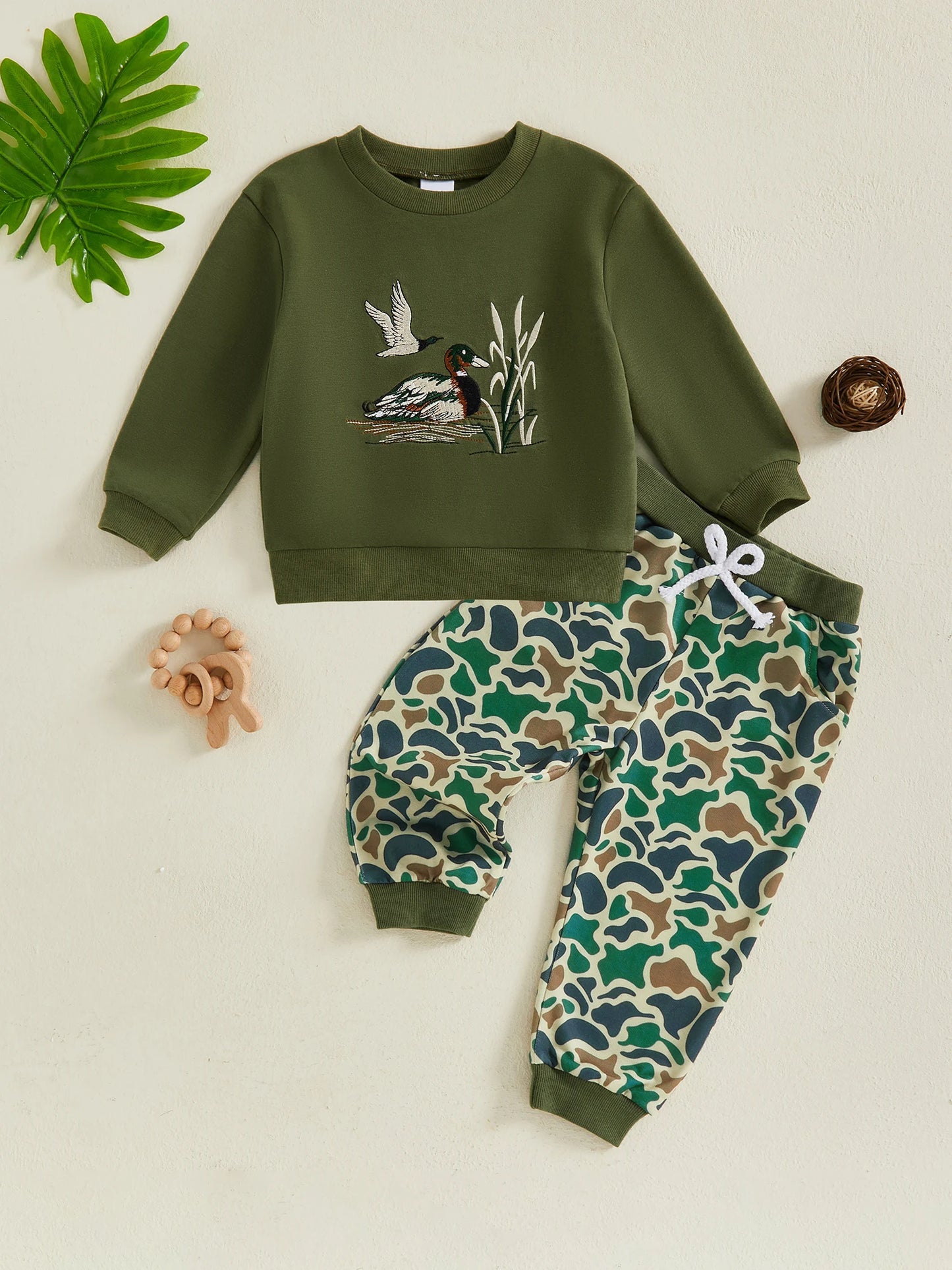 Cute Toddler Boy Autumn Clothes Set with Adorable Duck Embroidery Design on Long Sleeve Pullover and Matching Print Pants