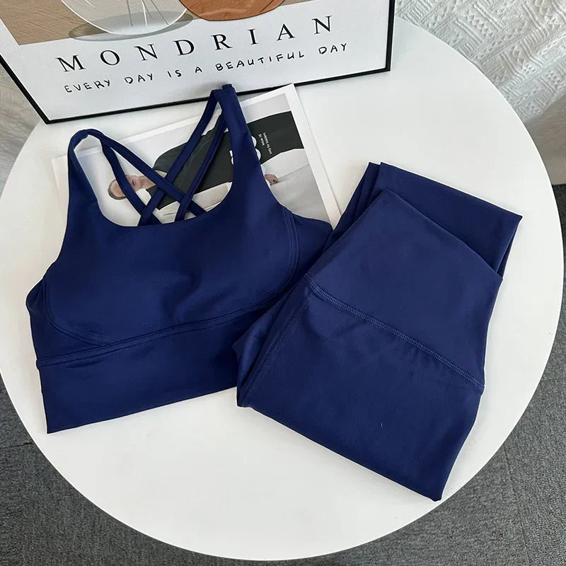 New 2 Piece Yoga Set Breathable Fitness Suit Cross Back Yoga Tops Peach Butt Yoga Pants Pilates Running Fitness Suit