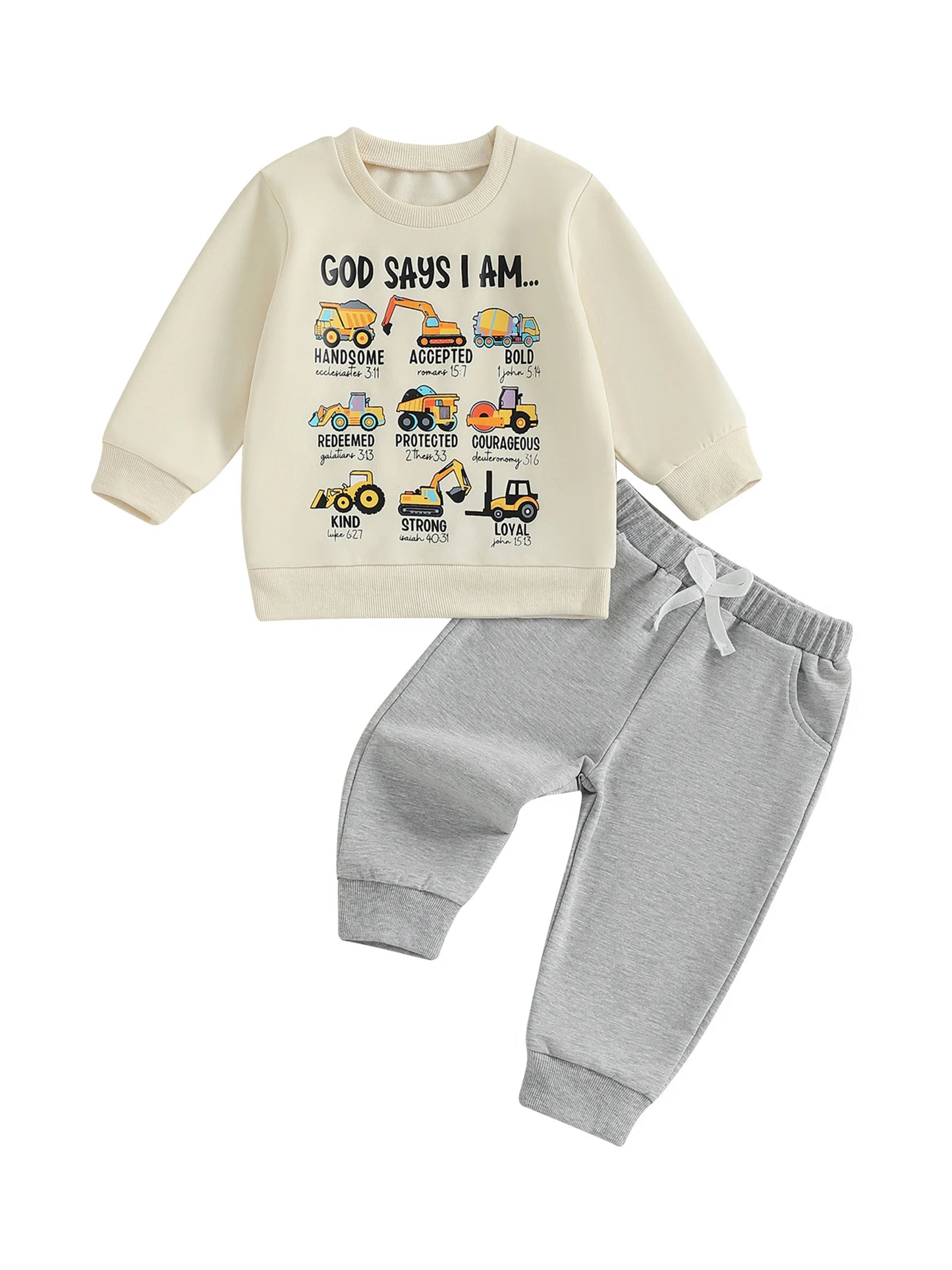 Infant Boy Autumn Clothing Set with Cute Car Patterned Crew Neck Sweatshirt and Matching Pants 2 Piece Outfit