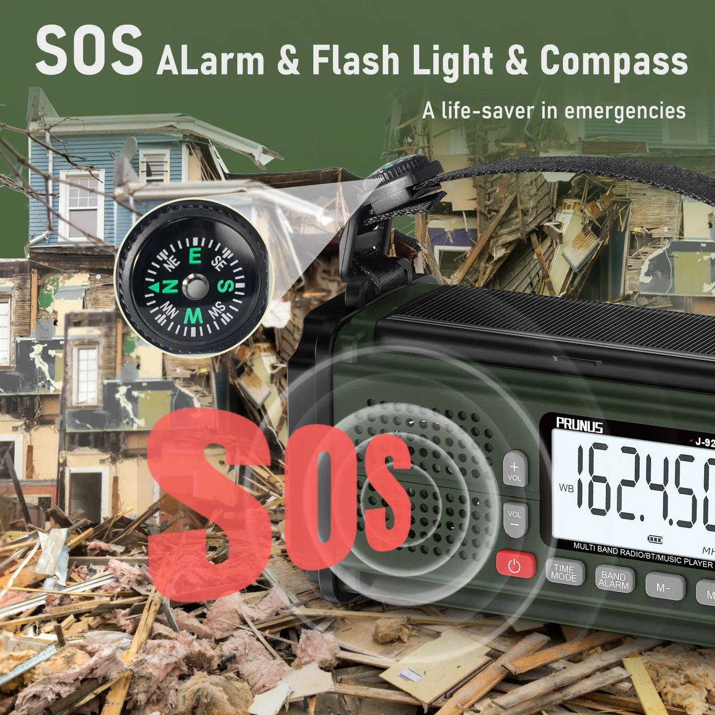 PRUNUS 924 10000mAh Hand Crank Radio, AAA Batteries Powered Emergency Radio Solar, NOAA Weather Radio AM/FM/SW Power Bank Light