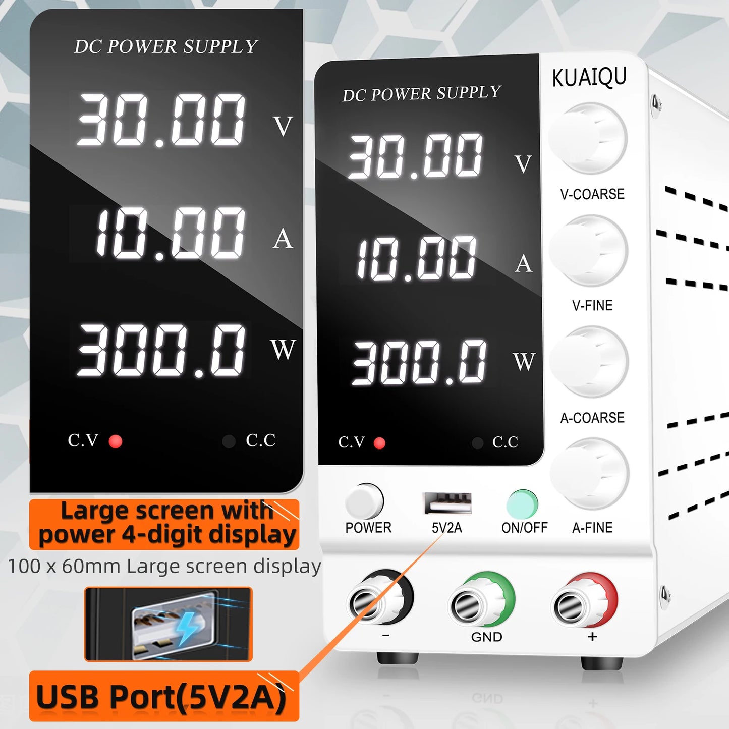 KUAIQU Adjustable Switching DC Power Supply 30V 10A 6A Lab Bench Power Supply 60V 5A 120V 3A Output Preset Current USB Interface