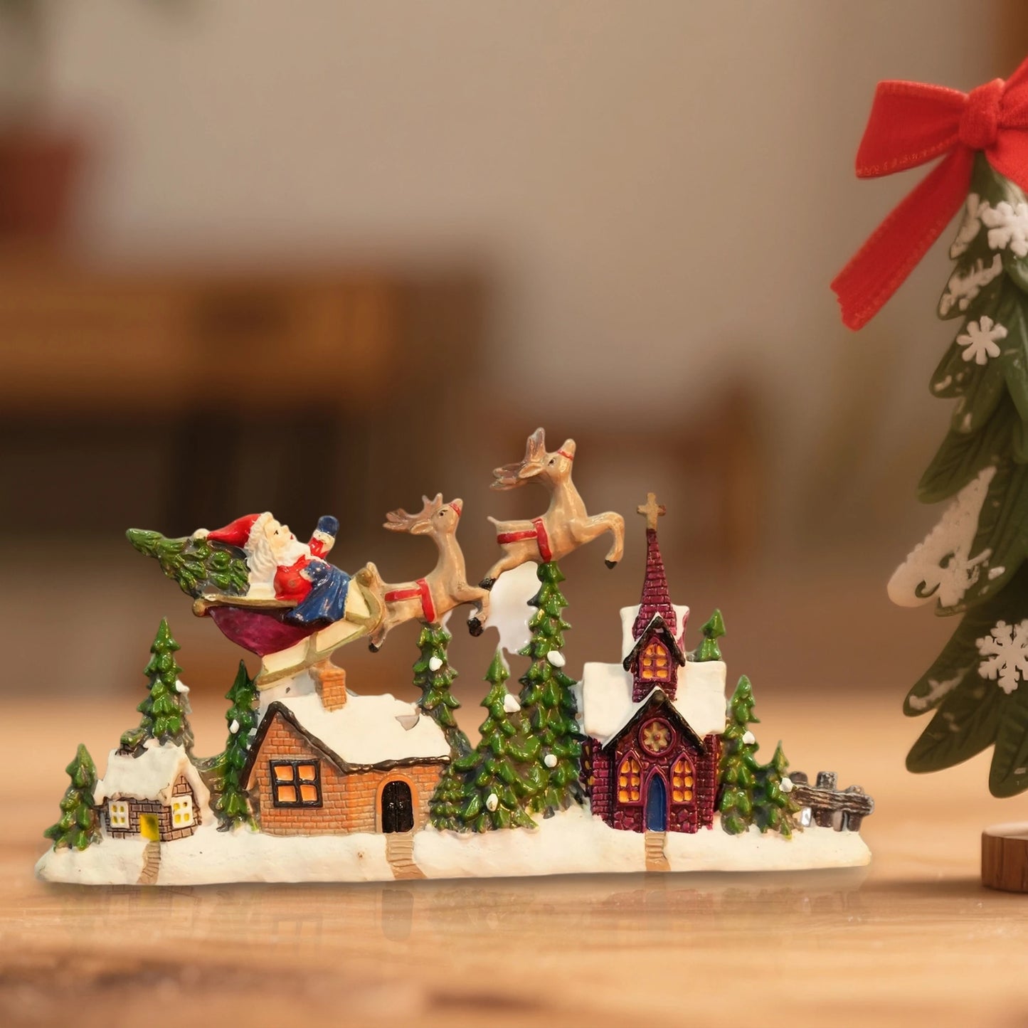 Christmas Santa Sleigh and Reindeer Snowy Village Scene Ornament Festive Micro Landscape Decoration for Home Tabletop Display