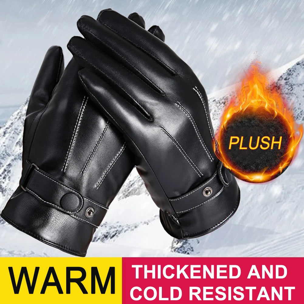 1-5Pair Men Cycling Warm Gloves PU Leather Protection Riding Gloves Adjustable Button Closure for Camping Climbing Hiking Sports