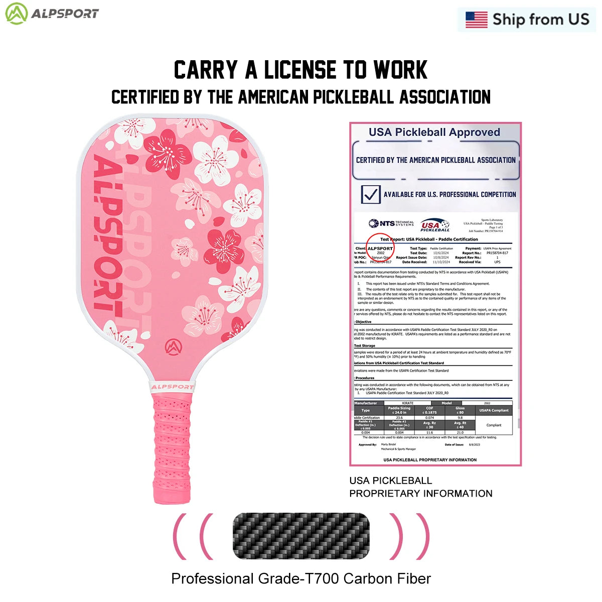 ALPSPORT SakuraUSAPA Pickleball Paddle Women's T700 Carbon Fiber Beginner-Friendly Pro Training Set Pink With 2 Free Balls