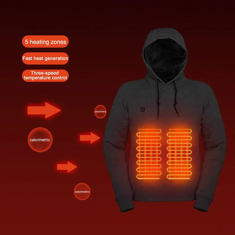 Men Women USB Heating Hoodies USB Rechargeable Long Sleeve Streetwear Loose Coats 3 Heat Levels for Camping Outdoor Work Fishing