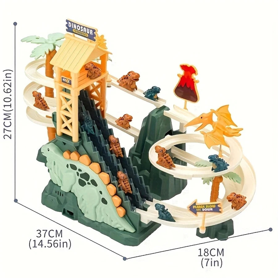 Dinosaur Climbing Slide Toy, Dinosaur Race Track Game Dino Car Track Adventure with Climbing Stairs, Lights & Music Roller Coast