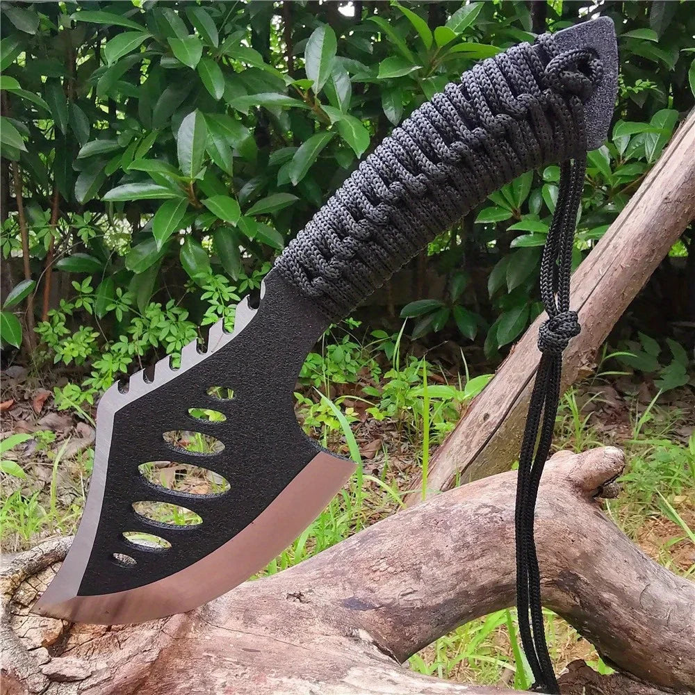 Portable Outdoor Jungle Camping Axe & Knife - Non-Slip Handle, Full Tang Stainless Steel Blade (58HRC) with Nylon Sheath, 27CM H