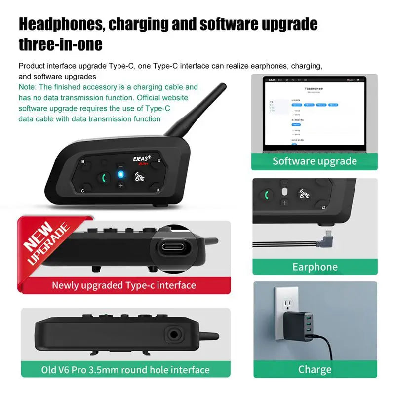 EJEAS  Motorcycle Intercom V6 PRO+ Helmet  6 Riders 800m Communicator Waterproof V5.1 Music Player Interphone Bluetooth Headset