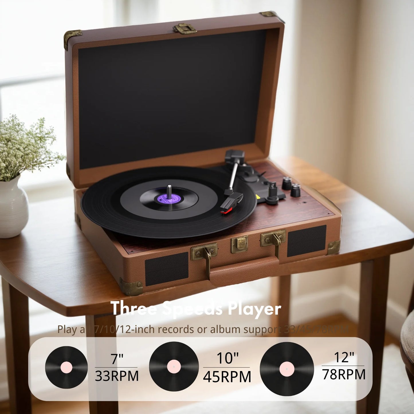MAIO  Record Player, 3-Speed 33/45/78RPM Vinyl Spinner with 2 Built-in Stereo Speakers, Headphone Jack