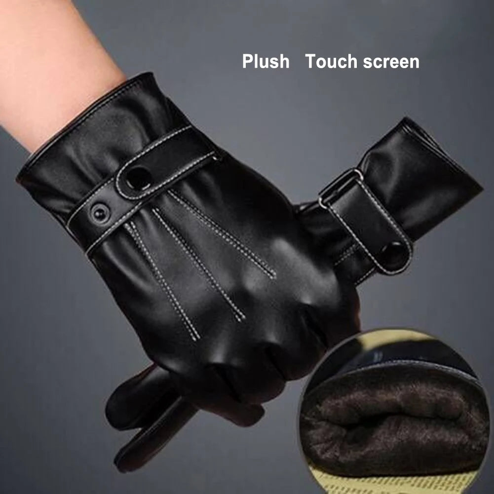 1-5Pair Men Cycling Warm Gloves PU Leather Protection Riding Gloves Adjustable Button Closure for Camping Climbing Hiking Sports
