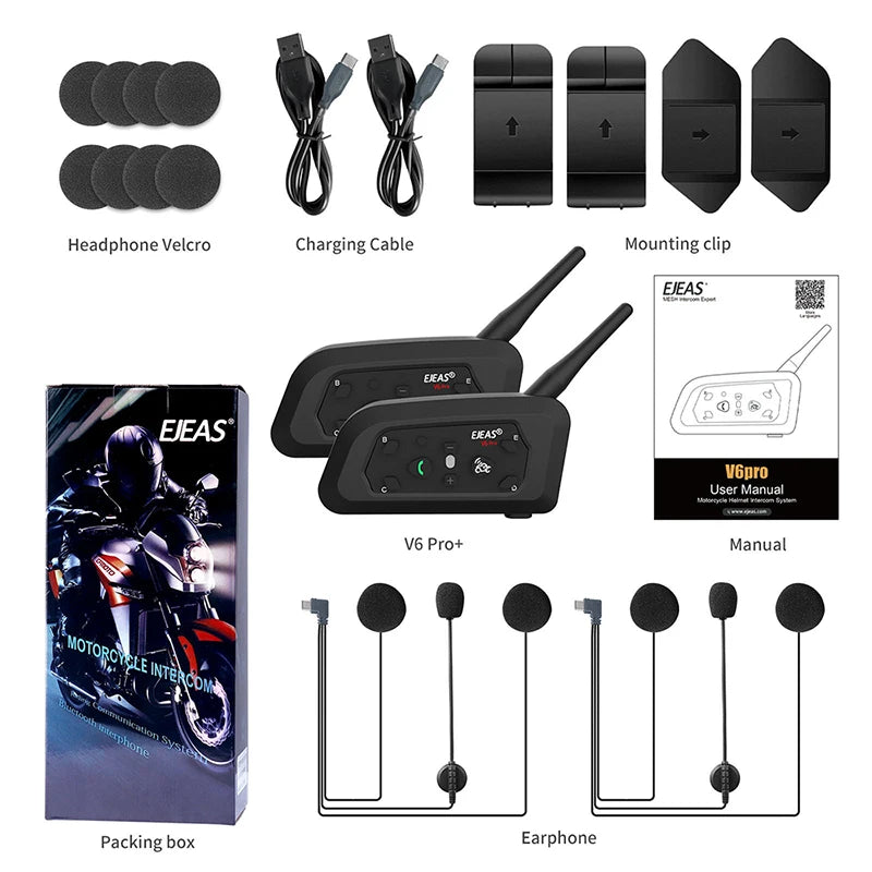 EJEAS  Motorcycle Intercom V6 PRO+ Helmet  6 Riders 800m Communicator Waterproof V5.1 Music Player Interphone Bluetooth Headset