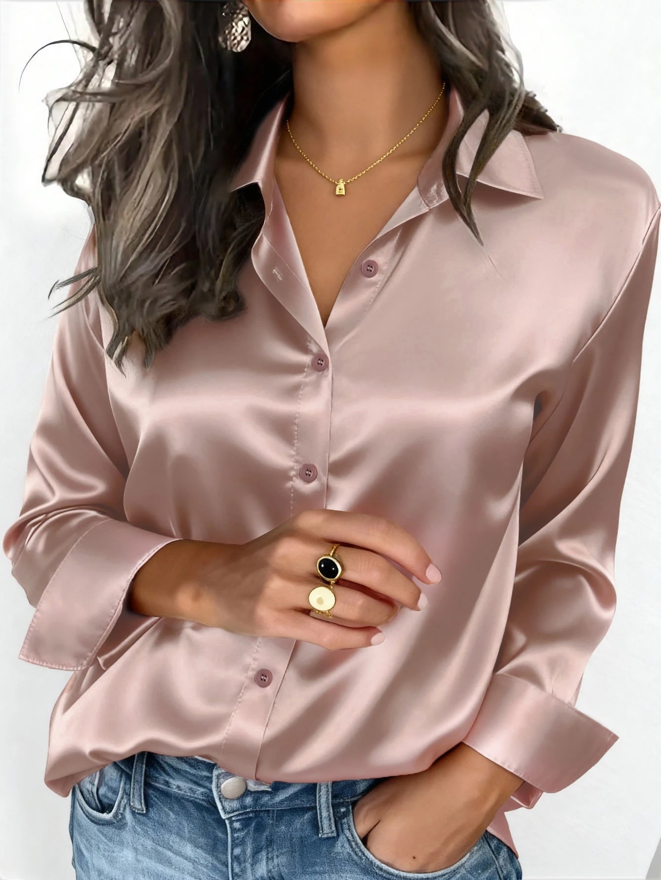 Women's Satin Button-Up Blouse, Elegant Collared Shirt for Office or Casual Wear, Autumn Winter Spring
