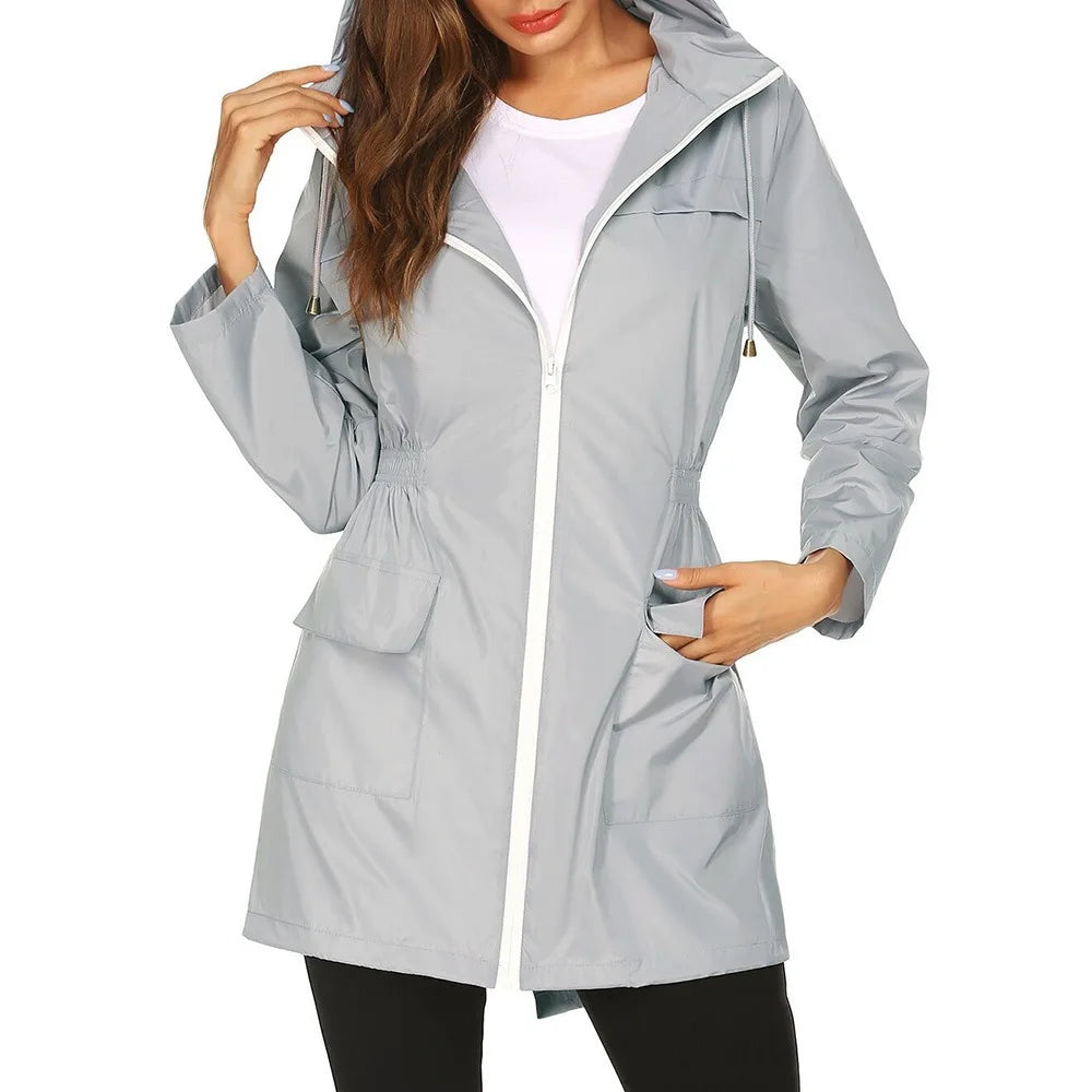 Women Fashion All Seasons Outdoor Waterproof Rain Jacket Casual Loose Hooded Windproof Coat Climbing Windbreaker Jacket