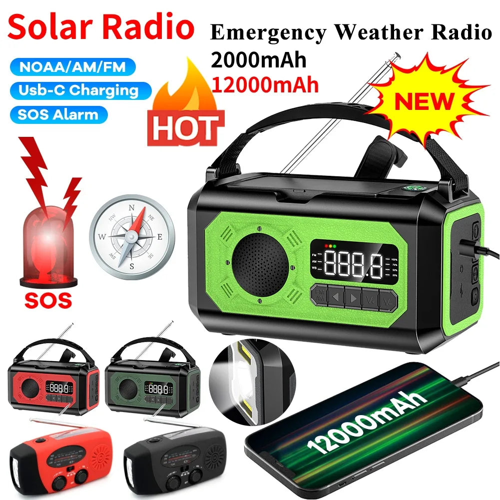 12000mAh Small Portable Radio Solar Panels Emergency Radio Survival with crank Multifunction rechargeable Flashlight Power Bank