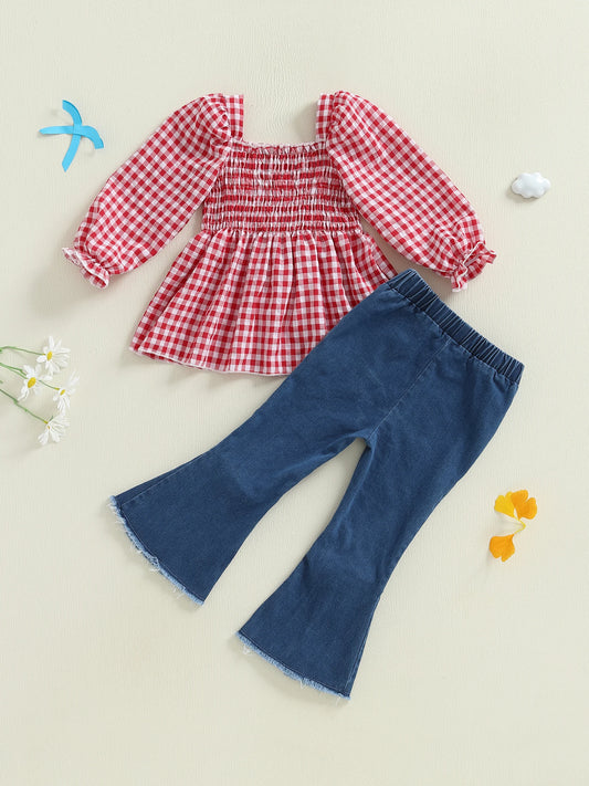 Girls 2-Piece Winter Outfits Long Sleeve Floral Print Ruffle Tops Skinny Jeans Set Children Clothing Fashion Wear