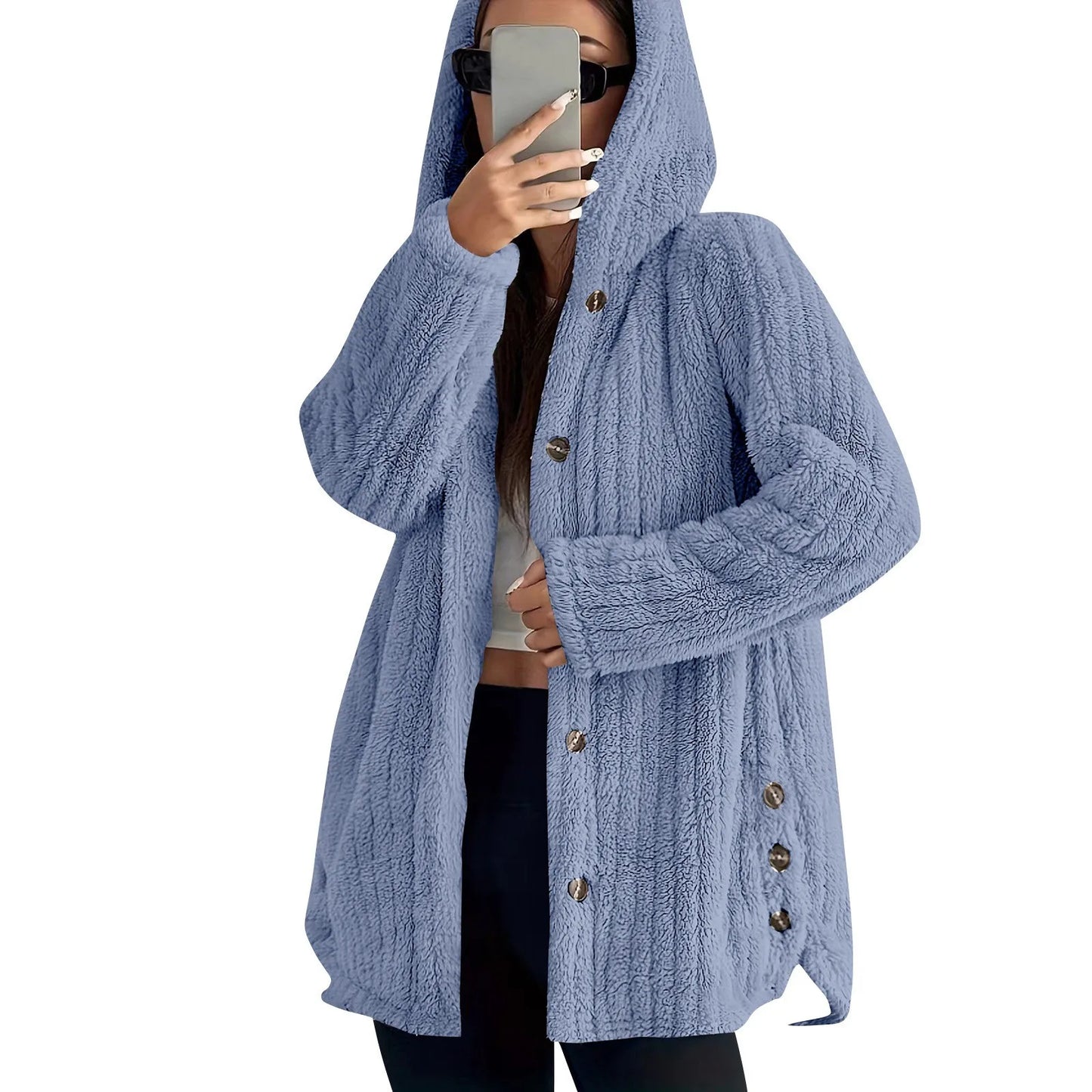 Button Hooded Jacket Plush Top Irregular Trendy Brand Solid Color Jacket For Women Feather Coats Parkas Women'S Coat Winter Jack