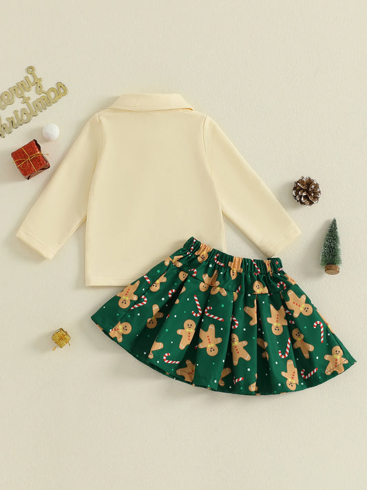 Girls Christmas Outfit with Lapel Long Sleeves Sweatshirt and Gingerbread Man Print Skirt - 2 Piece Set for Kids