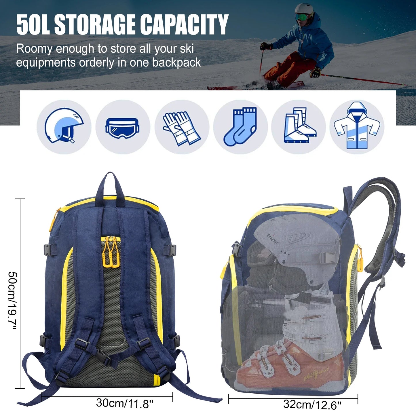 50L Blue Travel Ski Backpack for ski helmets, goggles, gloves, skis & other accessories