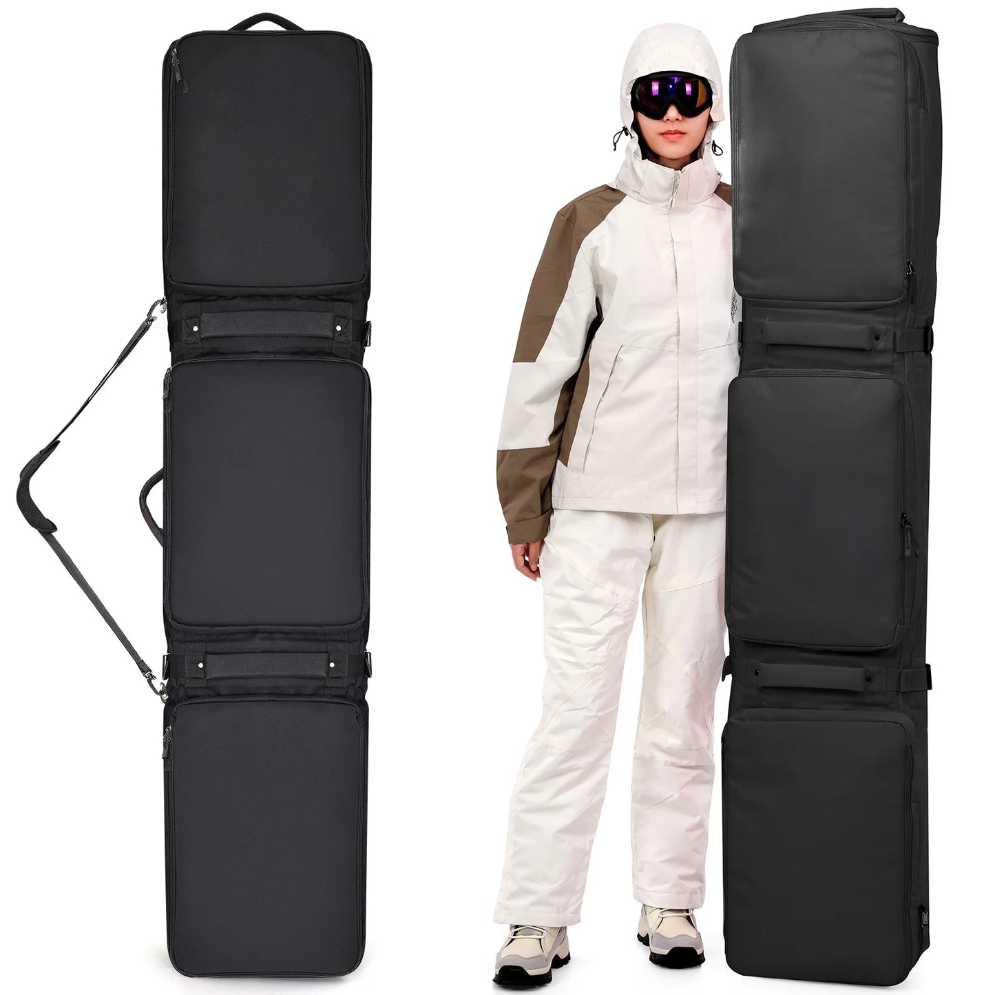 Pink/Black Skiing Bag with Rolling Wheel Padded Polyester Waterproof Portable Board Bag 3 Separation Storage Winter Snow Travels
