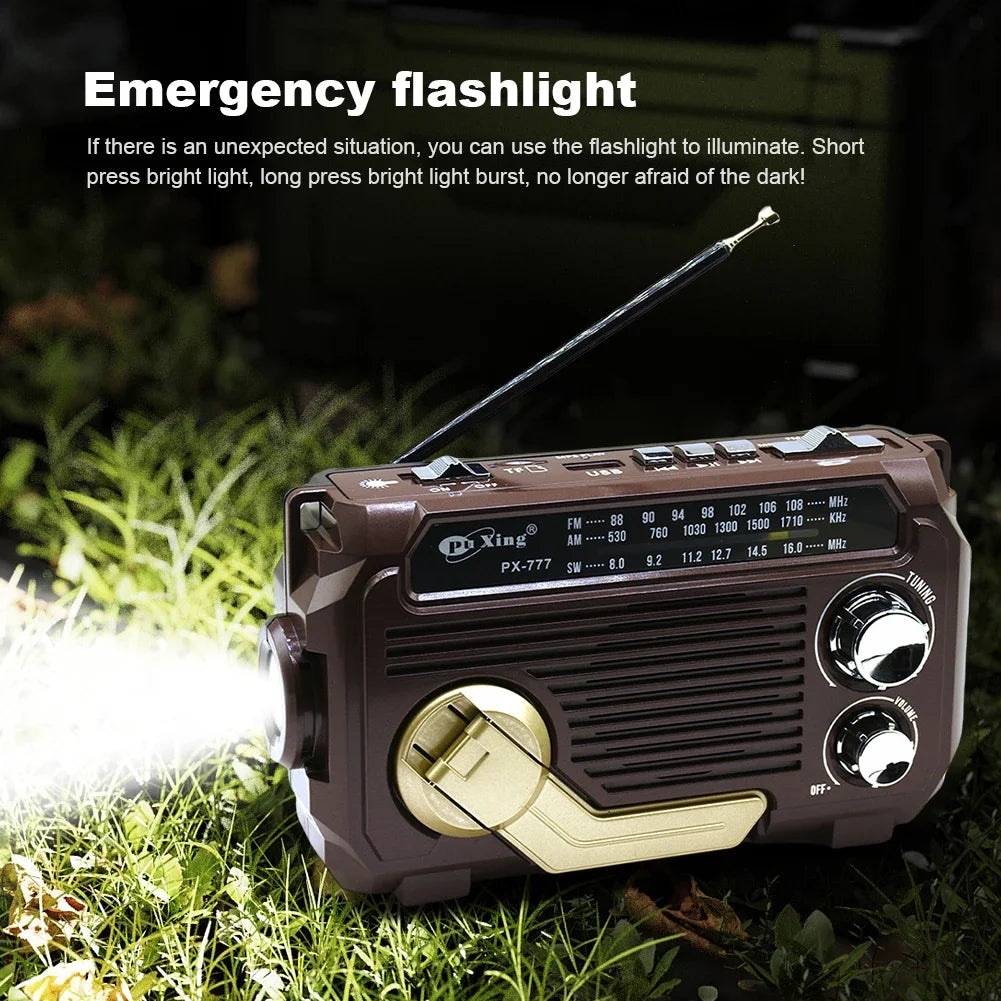 PX-777 Multi-function SW AM FM Radio Hand Crank Emergency Solar Radio BT5.2 Wireless Speaker 1200mAh Rechargeable Portable Radio