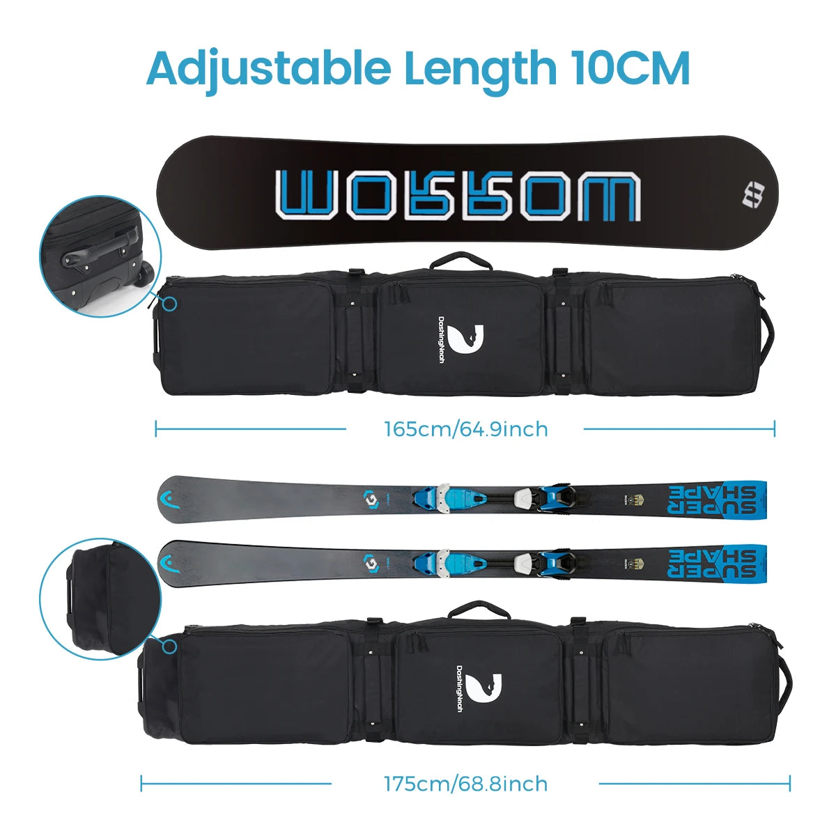 Pink/Black Skiing Bag with Rolling Wheel Padded Polyester Waterproof Portable Board Bag 3 Separation Storage Winter Snow Travels