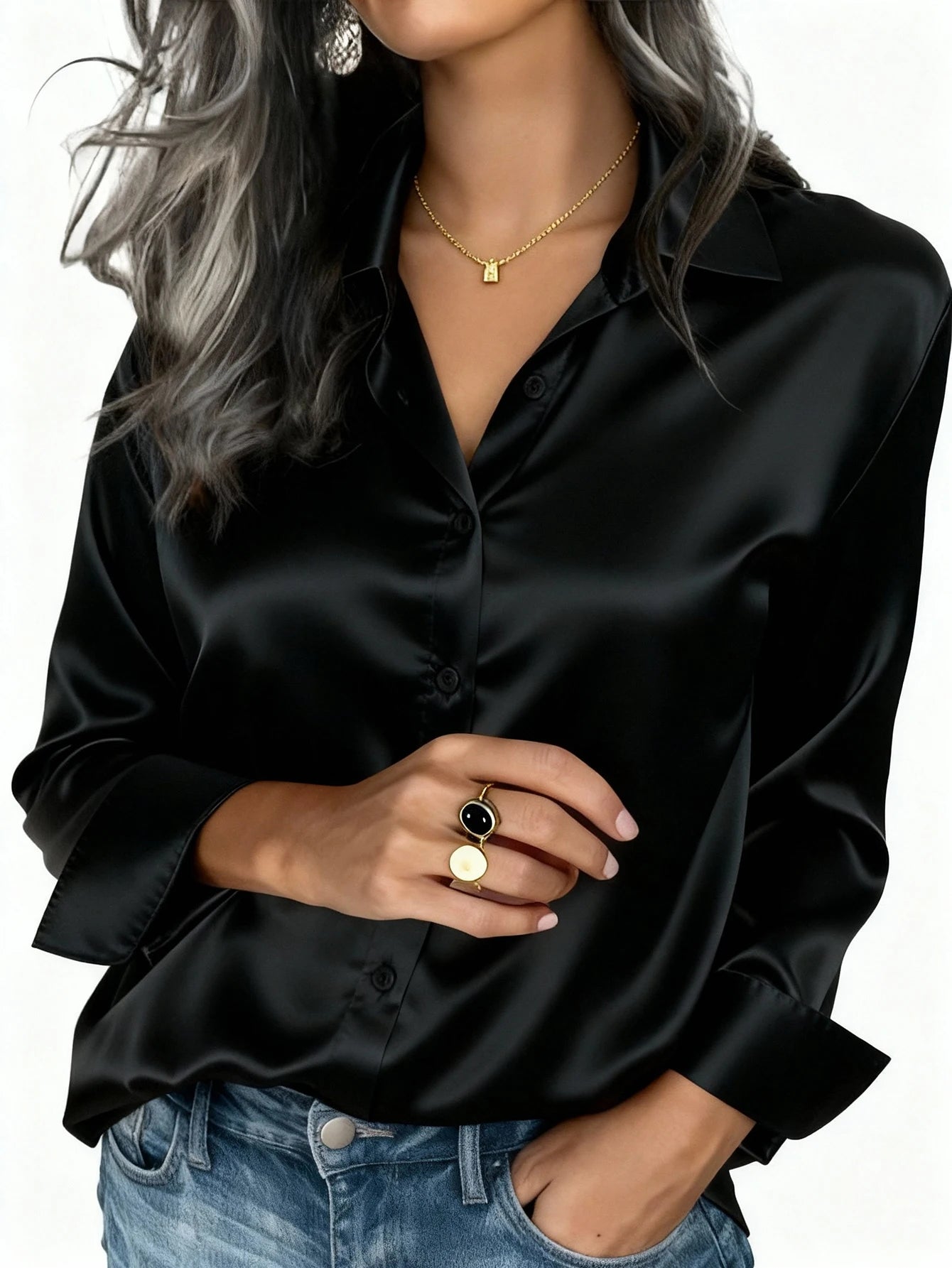 Women's Satin Button-Up Blouse, Elegant Collared Shirt for Office or Casual Wear, Autumn Winter Spring