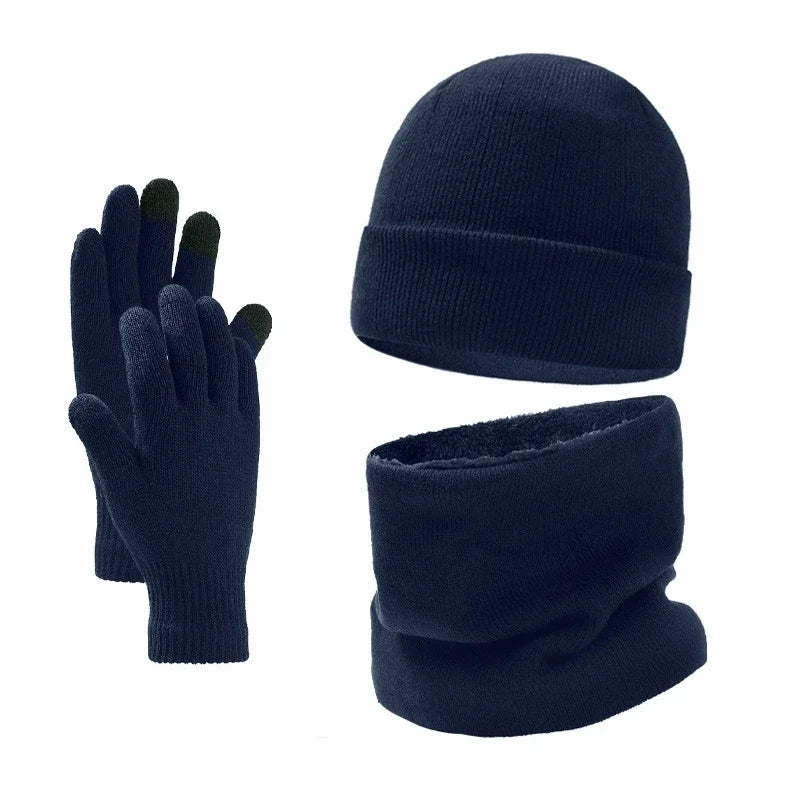 Autumn Winter Outdoor Warm Brushed Men's Beanie Hat Scarf Gloves 3 Pieces Set Windproof Knit Ring Muffler Hats and Caps for Men