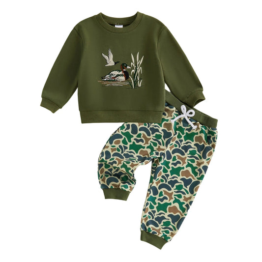 Cute Toddler Boy Autumn Clothes Set with Adorable Duck Embroidery Design on Long Sleeve Pullover and Matching Print Pants