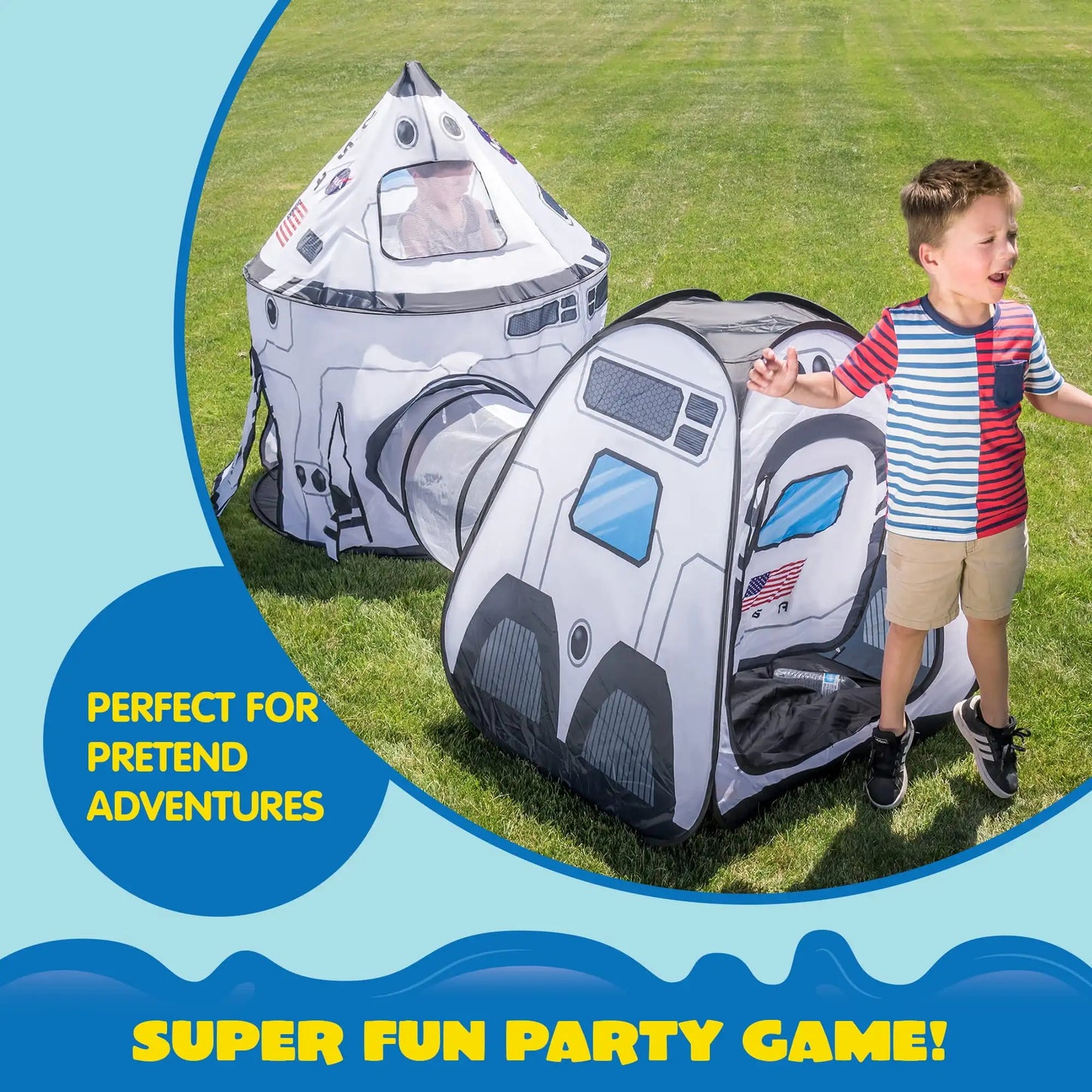 Joyfy Rocket Ship Play Tents Set Pop up Play house with Tunnel 3-Piece Play Tent for Kids Pretend Play Birthday Gift