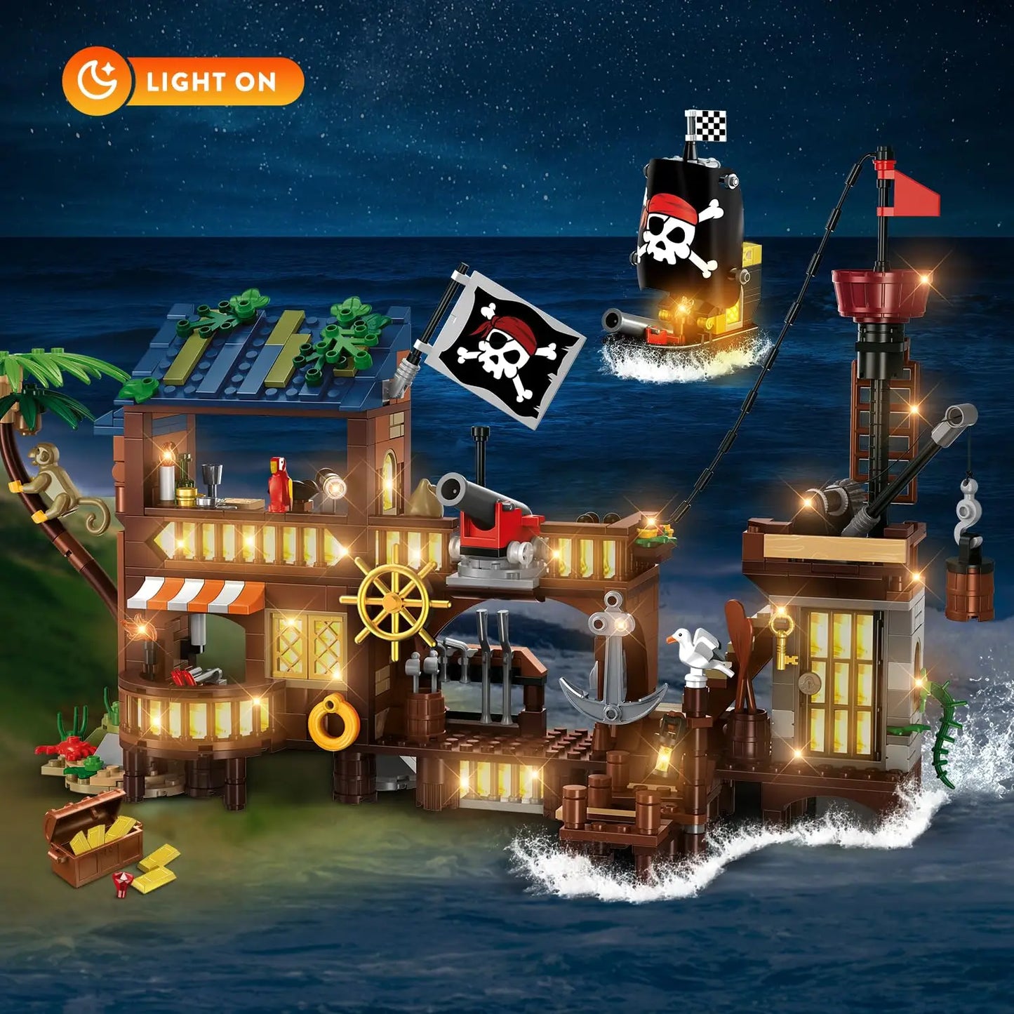 HOGOKIDS Pirate Ship Wharf Building Toy with LED–Medieval Pirate House BuildingBlock Set, Architecture for Kids6+  Birthday Gift