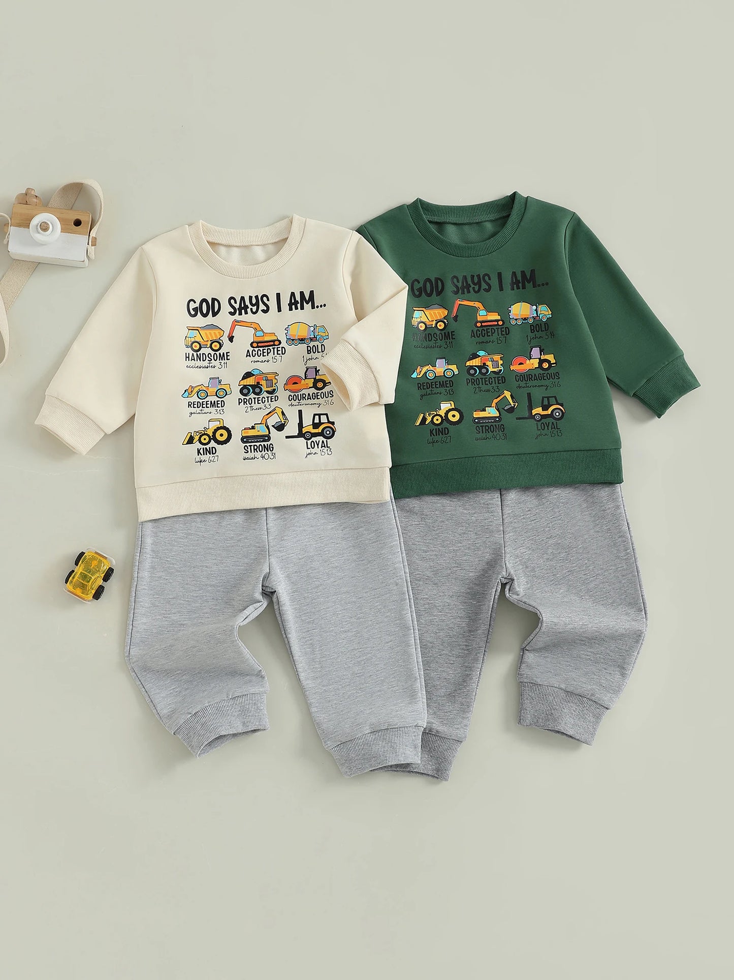 Infant Boy Autumn Clothing Set with Cute Car Patterned Crew Neck Sweatshirt and Matching Pants 2 Piece Outfit