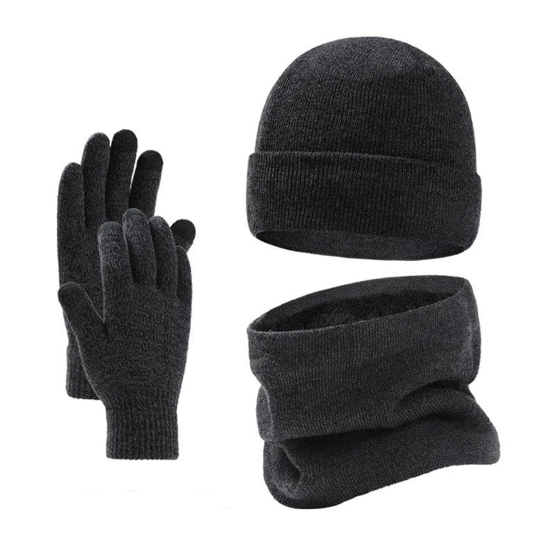 Autumn Winter Outdoor Warm Brushed Men's Beanie Hat Scarf Gloves 3 Pieces Set Windproof Knit Ring Muffler Hats and Caps for Men