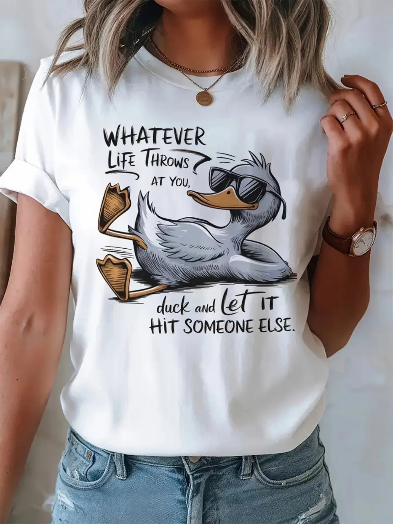 Women's Casual Short Sleeve Round Neck Cotton T-Shirt - White Anime Duck Graphic & Funny Quote Print